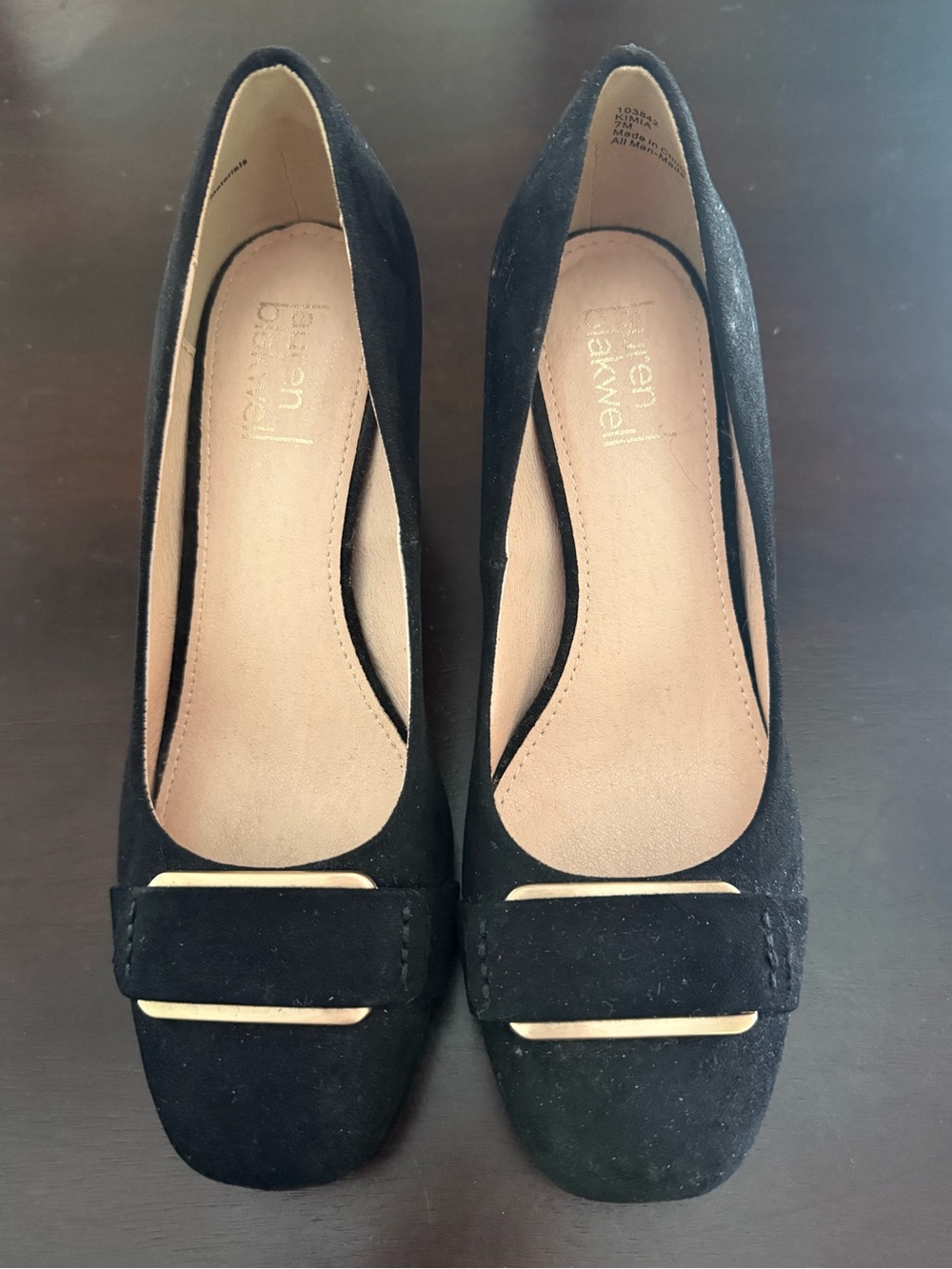 Lauren Blackwell Black Suede 3” heels with Gold Accent